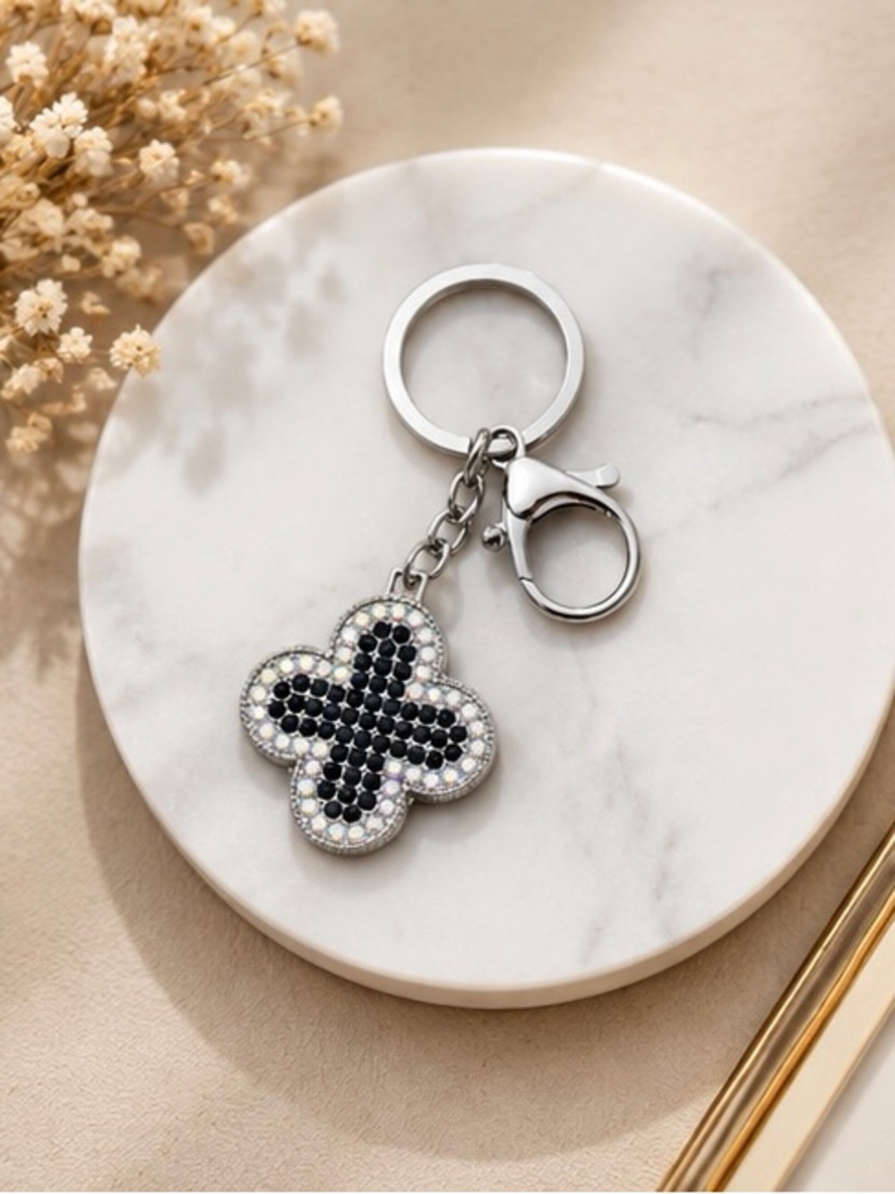 Silver Keyring with Black & White Crystal Clover Charm